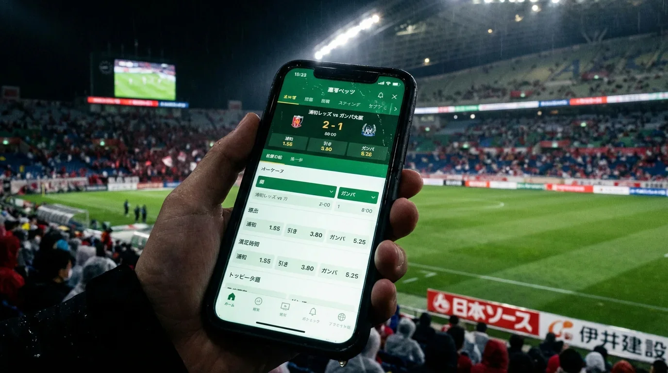 Pantalla mostrando cuotas de apuestas en vivo durante un partido nocturno de la J-League