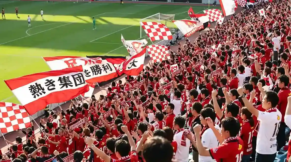 Aficionados japoneses celebrando en las gradas de un estadio durante un partido de la J-League con banderas y bufandas de sus equipos