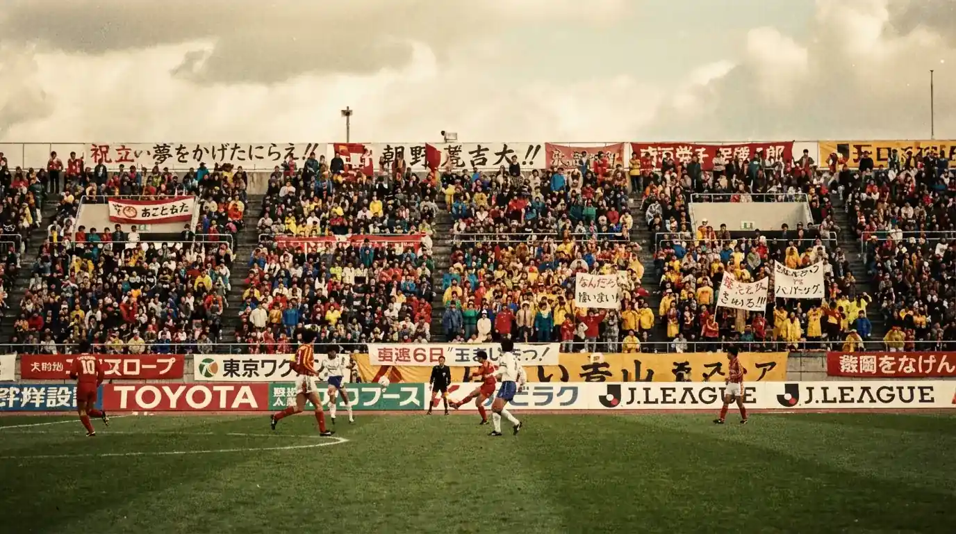 Estadio de fútbol japonés en un partido inaugural de la J-League en los años noventa